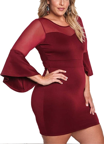 Sexy Women Plus Size Dress O Neck Three Quarter Sleeve Solid Slim Elegant Party Dress Burgundy / Black