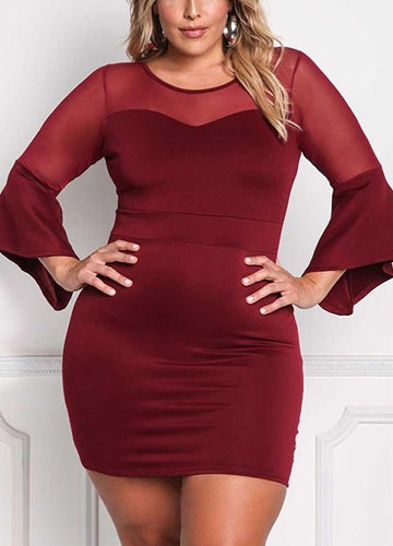 Sexy Women Plus Size Dress O Neck Three Quarter Sleeve Solid Slim Elegant Party Dress Burgundy / Black