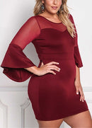 Sexy Women Plus Size Dress O Neck Three Quarter Sleeve Solid Slim Elegant Party Dress Burgundy / Black