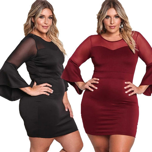 Sexy Women Plus Size Dress O Neck Three Quarter Sleeve Solid Slim Elegant Party Dress Burgundy / Black