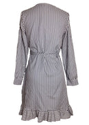 Women Dress Contrast Stripes Cross Over Deep V Drape Ruffle Long Sleeve Tie Casual One-Piece Blue