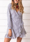 Women Dress Contrast Stripes Cross Over Deep V Drape Ruffle Long Sleeve Tie Casual One-Piece Blue