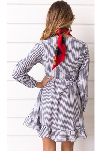 Women Dress Contrast Stripes Cross Over Deep V Drape Ruffle Long Sleeve Tie Casual One-Piece Blue