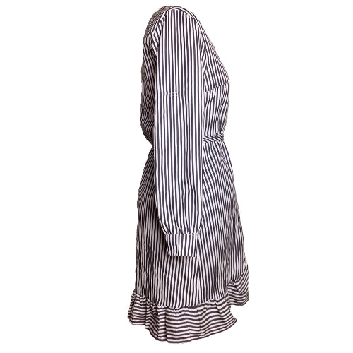 Women Dress Contrast Stripes Cross Over Deep V Drape Ruffle Long Sleeve Tie Casual One-Piece Blue