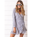 Women Dress Contrast Stripes Cross Over Deep V Drape Ruffle Long Sleeve Tie Casual One-Piece Blue