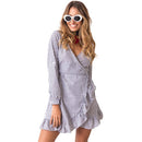 Women Dress Contrast Stripes Cross Over Deep V Drape Ruffle Long Sleeve Tie Casual One-Piece Blue