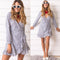 Women Dress Contrast Stripes Cross Over Deep V Drape Ruffle Long Sleeve Tie Casual One-Piece Blue