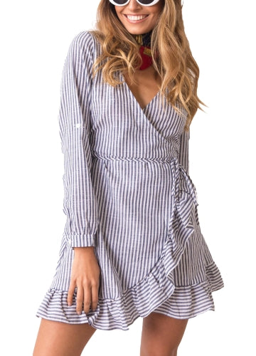 Women Dress Contrast Stripes Cross Over Deep V Drape Ruffle Long Sleeve Tie Casual One-Piece Blue