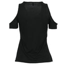 Women T-shirt Solid Stretchy Ribbed Deep V Cold Shoulder Zipper Short Sleeve Cut Out Slim Casual Tops