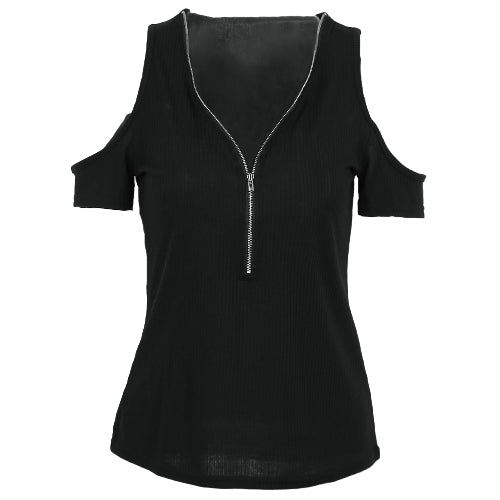 Women T-shirt Solid Stretchy Ribbed Deep V Cold Shoulder Zipper Short Sleeve Cut Out Slim Casual Tops