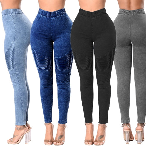 Women Skinny Jeans Denim High Waist Elastic Washed Ruched Skinny Pencil Trousers Tights Leggings