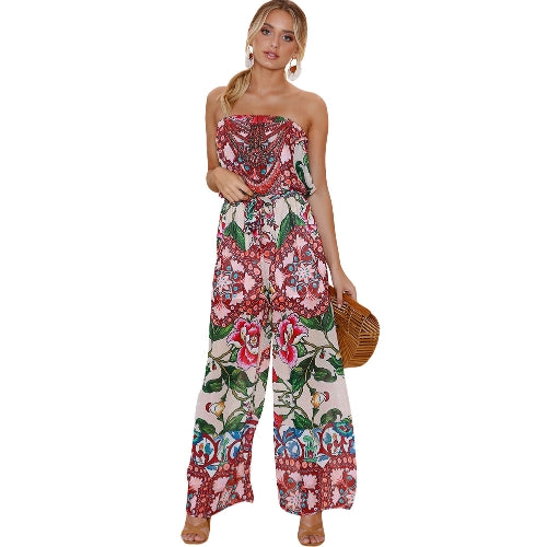 Women Jumpsuit Floral Print Off Shoulder Rompers Backless Boho Loose Playsuit Pink