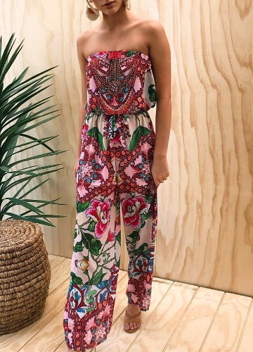 Women Jumpsuit Floral Print Off Shoulder Rompers Backless Boho Loose Playsuit Pink