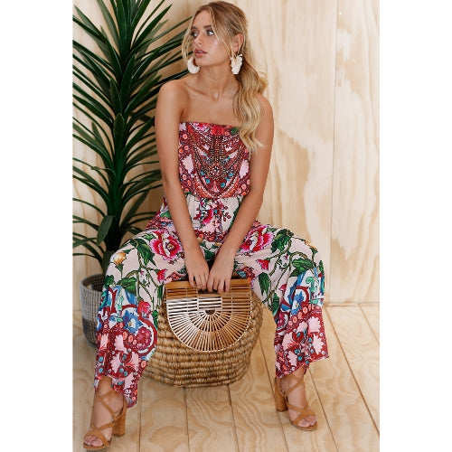 Women Jumpsuit Floral Print Off Shoulder Rompers Backless Boho Loose Playsuit Pink