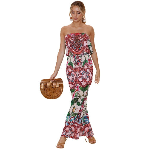 Women Jumpsuit Floral Print Off Shoulder Rompers Backless Boho Loose Playsuit Pink