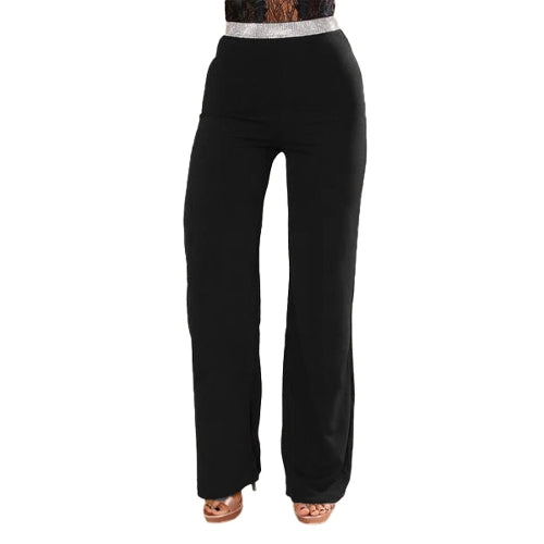 Women Pants Glitter Sequined High Waist Straight Wide Legs Casual Trousers Dance Stage Wear Black