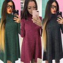 Women T-shirt Dress Solid Color High Neck Long Sleeve A-Line Flare Mini Basic Casual One-Piece