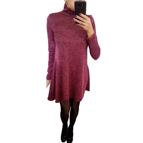 Women T-shirt Dress Solid Color High Neck Long Sleeve A-Line Flare Mini Basic Casual One-Piece