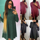 Women T-shirt Dress Solid Color High Neck Long Sleeve A-Line Flare Mini Basic Casual One-Piece