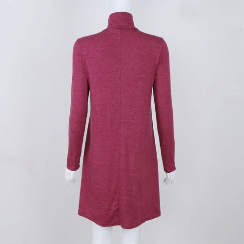 Women T-shirt Dress Solid Color High Neck Long Sleeve A-Line Flare Mini Basic Casual One-Piece