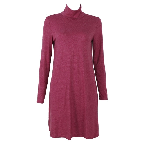 Women T-shirt Dress Solid Color High Neck Long Sleeve A-Line Flare Mini Basic Casual One-Piece