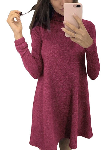 Women T-shirt Dress Solid Color High Neck Long Sleeve A-Line Flare Mini Basic Casual One-Piece