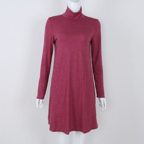 Women T-shirt Dress Solid Color High Neck Long Sleeve A-Line Flare Mini Basic Casual One-Piece