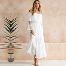 Sexy Women Maxi Long Dress Off the Shoulder Lace Flare Sleeve Elegant Evening Party Boho Dress White