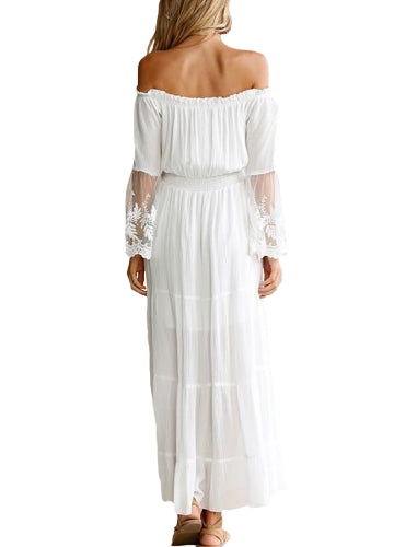 Sexy Women Maxi Long Dress Off the Shoulder Lace Flare Sleeve Elegant Evening Party Boho Dress White