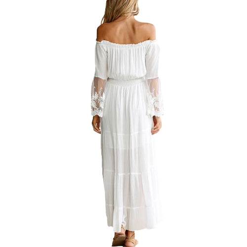 Sexy Women Maxi Long Dress Off the Shoulder Lace Flare Sleeve Elegant Evening Party Boho Dress White