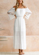 Sexy Women Maxi Long Dress Off the Shoulder Lace Flare Sleeve Elegant Evening Party Boho Dress White