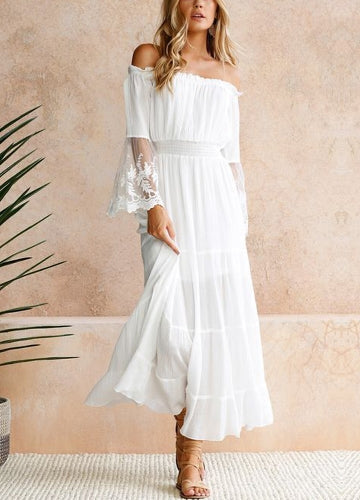 Sexy Women Maxi Long Dress Off the Shoulder Lace Flare Sleeve Elegant Evening Party Boho Dress White