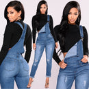 Fashion Women Denim Overalls Ripped Stretch Dungarees High Waist Long Jeans Pencil Pants Rompers Jumpsuit Blue