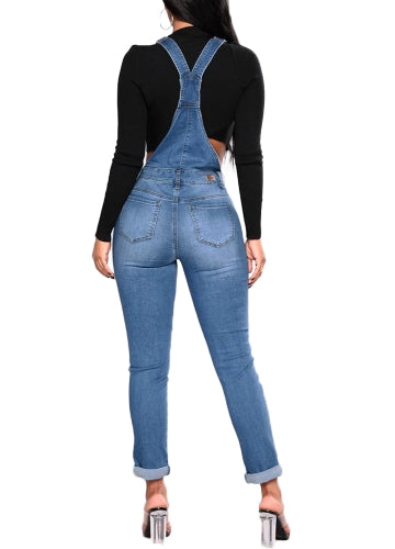 Fashion Women Denim Overalls Ripped Stretch Dungarees High Waist Long Jeans Pencil Pants Rompers Jumpsuit Blue