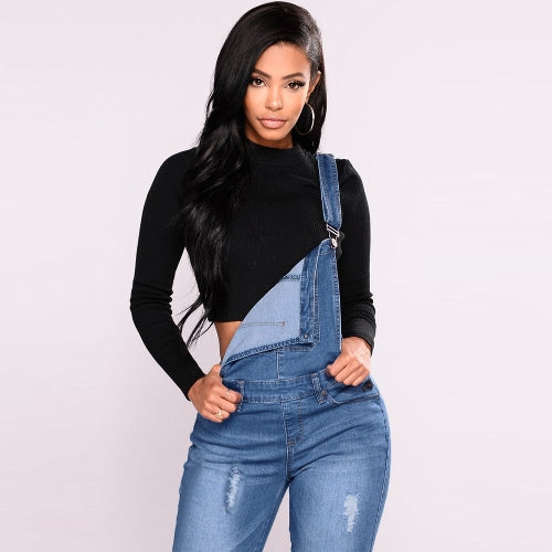 Fashion Women Denim Overalls Ripped Stretch Dungarees High Waist Long Jeans Pencil Pants Rompers Jumpsuit Blue