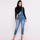 Fashion Women Denim Overalls Ripped Stretch Dungarees High Waist Long Jeans Pencil Pants Rompers Jumpsuit Blue