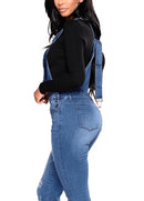 Fashion Women Denim Overalls Ripped Stretch Dungarees High Waist Long Jeans Pencil Pants Rompers Jumpsuit Blue