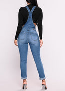 Fashion Women Denim Overalls Ripped Stretch Dungarees High Waist Long Jeans Pencil Pants Rompers Jumpsuit Blue