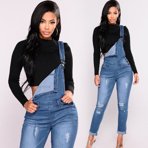 Fashion Women Denim Overalls Ripped Stretch Dungarees High Waist Long Jeans Pencil Pants Rompers Jumpsuit Blue