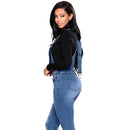 Fashion Women Denim Overalls Ripped Stretch Dungarees High Waist Long Jeans Pencil Pants Rompers Jumpsuit Blue