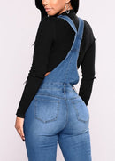 Fashion Women Denim Overalls Ripped Stretch Dungarees High Waist Long Jeans Pencil Pants Rompers Jumpsuit Blue