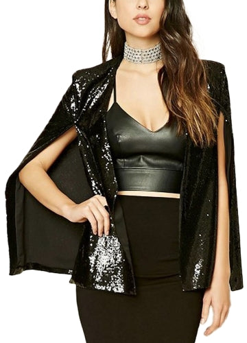 Women Sequins Blazer Cape Cloak Open Front Split Poncho Cardigan Jacket Coat Casual Tops Outwear