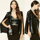 Women Sequins Blazer Cape Cloak Open Front Split Poncho Cardigan Jacket Coat Casual Tops Outwear