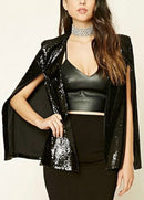 Women Sequins Blazer Cape Cloak Open Front Split Poncho Cardigan Jacket Coat Casual Tops Outwear