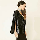 Women Sequins Blazer Cape Cloak Open Front Split Poncho Cardigan Jacket Coat Casual Tops Outwear