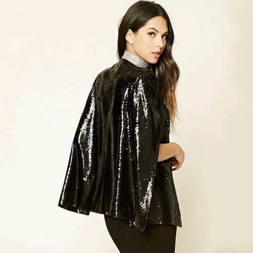 Women Sequins Blazer Cape Cloak Open Front Split Poncho Cardigan Jacket Coat Casual Tops Outwear