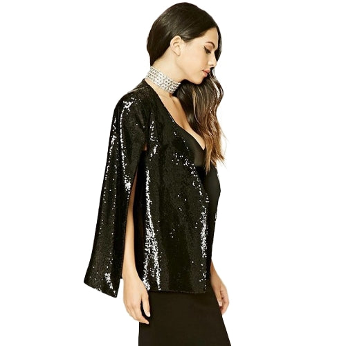 Women Sequins Blazer Cape Cloak Open Front Split Poncho Cardigan Jacket Coat Casual Tops Outwear