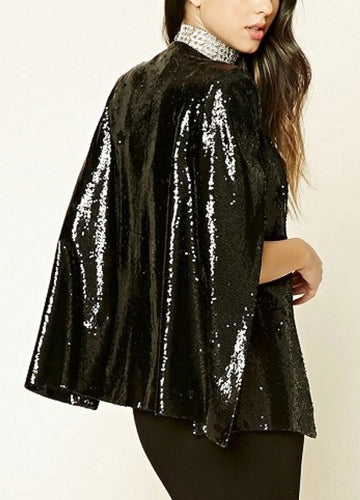 Women Sequins Blazer Cape Cloak Open Front Split Poncho Cardigan Jacket Coat Casual Tops Outwear