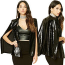 Women Sequins Blazer Cape Cloak Open Front Split Poncho Cardigan Jacket Coat Casual Tops Outwear