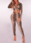 Sexy Women Two-piece Set Snake Print Crop Top Deep V Neck Bandage Long Sleeve Long Pants Slim Bodycon Suits Khaki